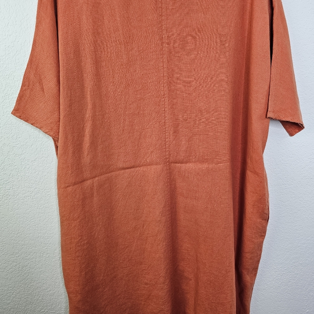 Not Perfect Linen Burnt Orange Oversized Shift Caftan Pocket Dress M/L - Picture 6 of 9